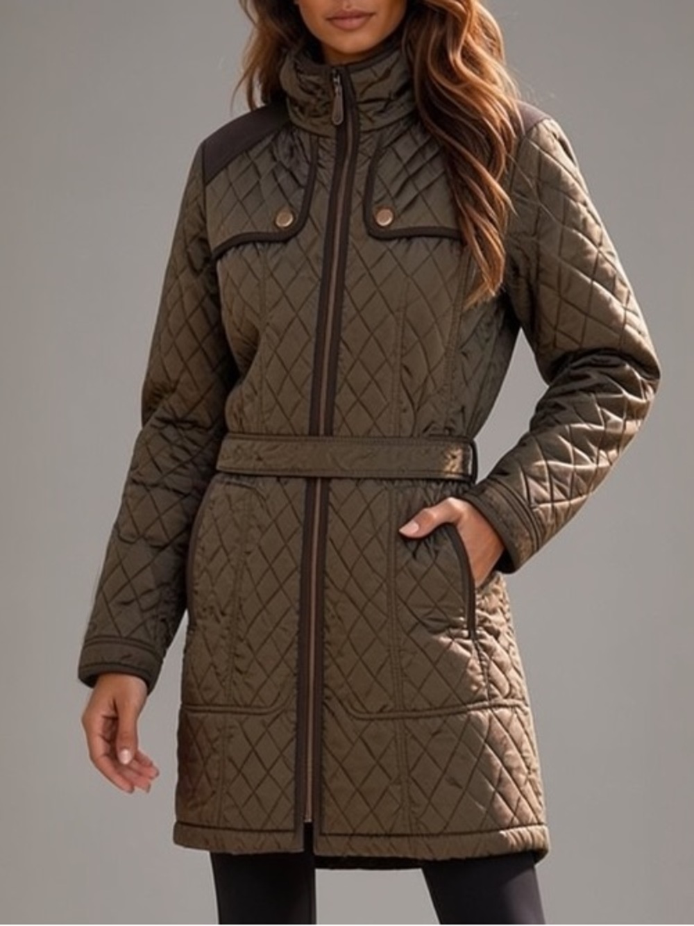 Vince Camuto Olive Quilted Belted Trench